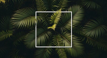 Overhead view of lush green palm fronds with a white rectangle overlay