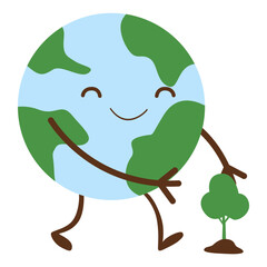 Earth mascot walking hand-in-hand with small tree, symbolizing partnership with nature, ideal for reforestation or eco-education designs.
