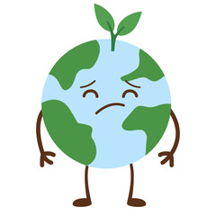 Sad Earth mascot with frowning face, symbolizing environmental distress, perfect for awareness, pollution, or climate crisis messaging.
