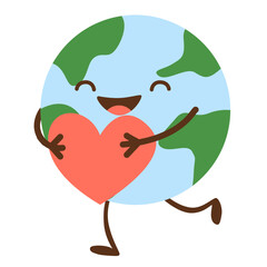 Happy Earth mascot hugging big red heart while running, expressing joyful love for the planet, ideal for festive eco-campaigns.
