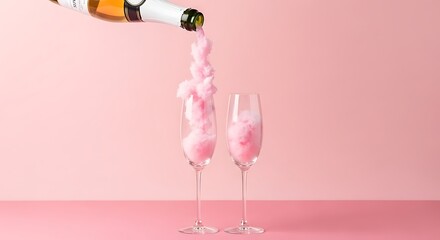 Champagne pouring into two glasses on a pink background