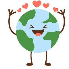 Joyful Earth mascot with floating hearts, expressing love and gratitude, perfect for Valentine’s, Earth Day, or emotional eco-campaigns.
