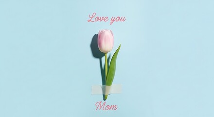 Single pink tulip against a soft blue background with subtle text
