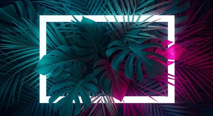 Square frame on dark tropical leaves with neon light