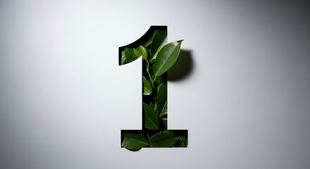 Green number one shape with leafy texture and shadow