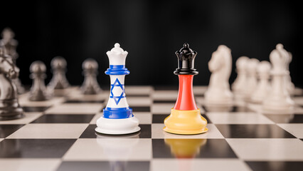 Geopolitical Strategy Concept: Israel and Germany Represented as Opposing Queens via Their Flags on a Chessboard