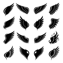 Collection of Stylized Black Wing Illustrations in Various Designs and Shapes