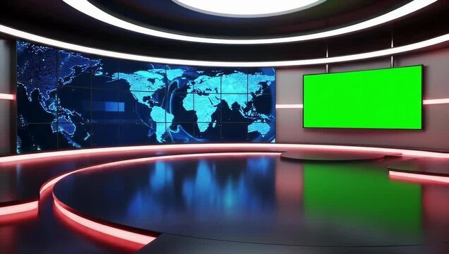 News Studio Backdrop Modern Design with Green Screen for Customizable Content