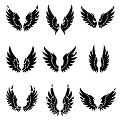 Collection of Nine Stylized Black Wing Illustrations on White Background