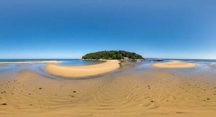 Coastal island panorama sandy beach and turquoise waters under clear sky