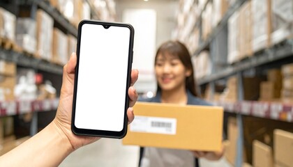 Streamline warehouse operations with mobile technology and happy staff, boost efficiency with modern logistics solutions, optimize inventory with blank screen