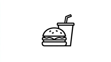 Simple graphic of a burger with drink, featuring line art on a plain white backdrop
