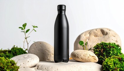 Black bottle amidst stones, moss, & small greenery