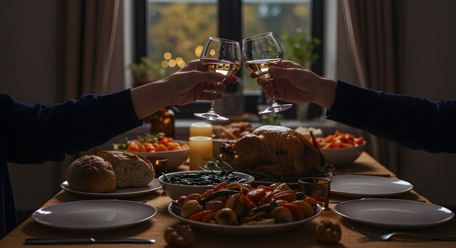 Friends toasting with glasses at a Thanksgiving dinner table  