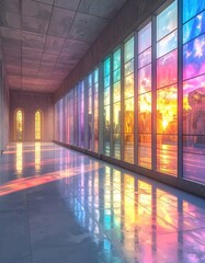 Bright, vibrant sunset reflections through tall hall windows