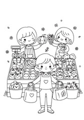 Market Stall with Fruits and Vegetables, Coloring Page Illustration. World Vegan Day
