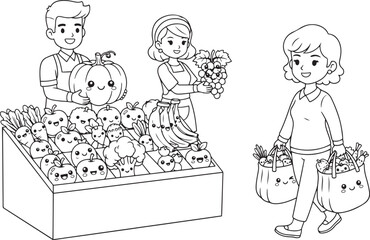 Market Stall with Fruits and Vegetables, Coloring Page Illustration. World Vegan Day