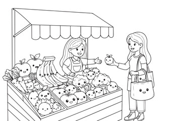 Market Stall with Fruits and Vegetables, Coloring Page Illustration. World Vegan Day