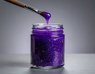 Brush drips purple glitter into a glass jar