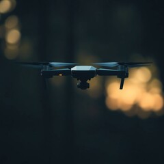 Drone flying forest bokeh background.