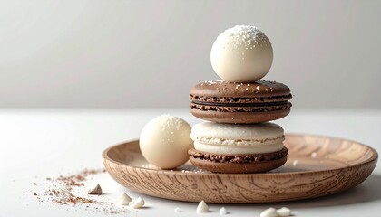 Stacked macarons, spheres, on wood plate. Fine sugar