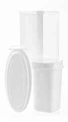 White plastic containers, different sizes, clean surface
