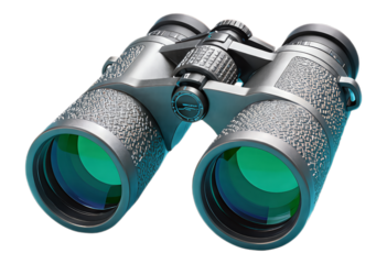 Gray Textured Binoculars with Green Lenses, 3D Realism Design Element on Transparent Background