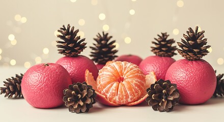 Festive arrangement of oranges and pine cones against bokeh background