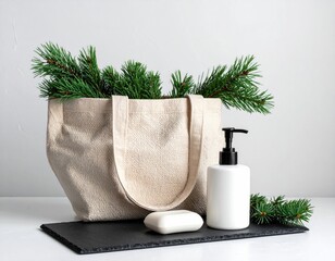 Eco-friendly spa soap, tote bag filled with pine sprigs