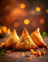 Trio of golden samosas with blurry background