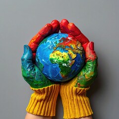 Painted hands cradle Earth against gray
