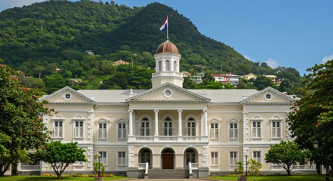 Elegant architecture building with flag on the top against mountain backdrop