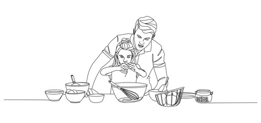 Continuous line drawing illustration of a father teaching his daughter how to crack an egg into a mixing bowl. The father gently guides her hands while cooking together at the kitchen table