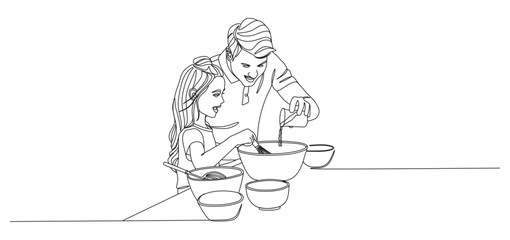 Continuous line drawing illustration of a father and daughter cooking together in the kitchen. The father is pouring an ingredient into a large mixing bowl while the daughter stirs with a whisk