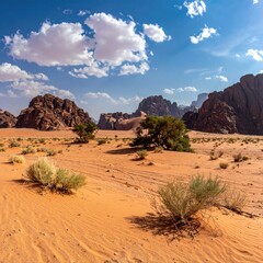 Red desert with rock formations, trees and blue sky