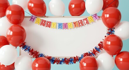 Festive birthday celebration with red and white balloons and banner