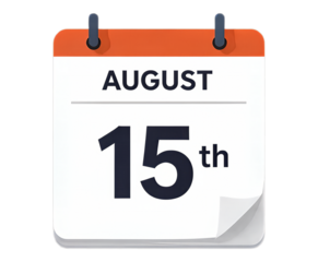 Orange Calendar Page for August 15th, Flat Design Element with Transparent Background