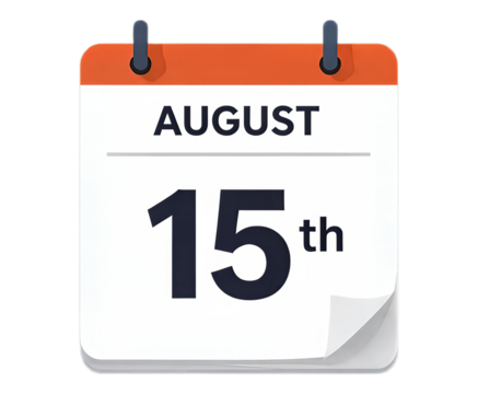Orange Calendar Page for August 15th, Flat Design Element with Transparent Background