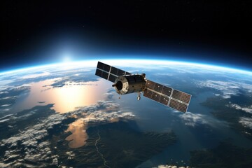 Obraz premium Satellites are seen over the earth space astronomy technology.