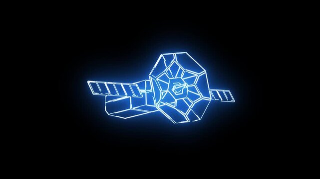 A glowing 3D wireframe model of a mechanical component or device.