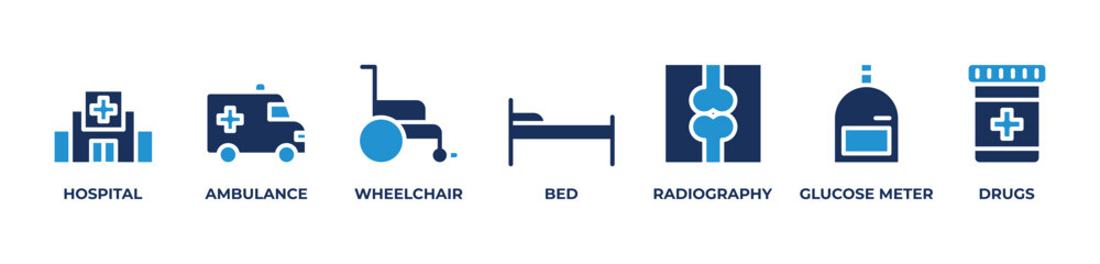 From Ambulances to Radiography Icons set vector illustration with HOSPITAL, AMBULANCE, WHEELCHAIR, BED, RADIOGRAPHY, GLUCOSE METER, DRUGS