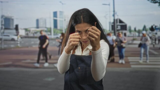 Young hispanic woman punching with fists in a busy street crosswalk, denim overall and focused gaze; determination self defense.