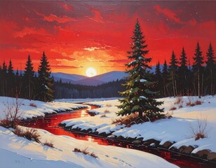 Snowy winter landscape, vibrant red sunset, evergreen tree