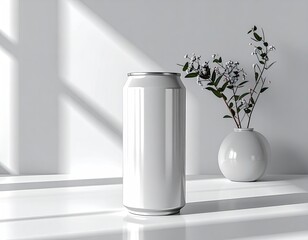Sleek white can near vase, bright light & shadow