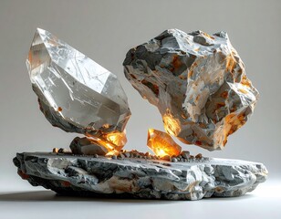 Crystal, rock art. Golden light below. Still life