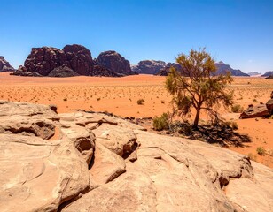 Arid, rocky desert landscape with lone tree under blue sky