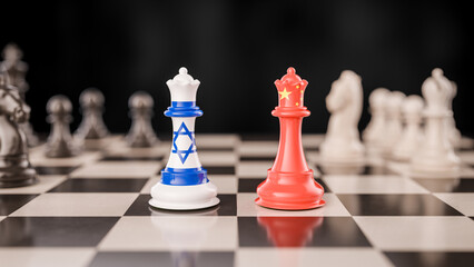 Geopolitical Strategy Concept: Israel and China Represented as Opposing Queens via Their Flags on a Chessboard