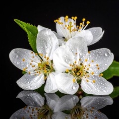 White blossoms glistening, petals reflecting on dark surface