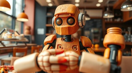 Robot cafe worker with digital art.