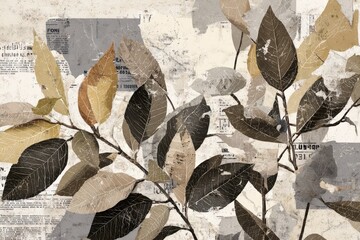 A collection of sepia-toned leaves, branches, and aged newspaper textures creates a sophisticated and detailed botanical art print.